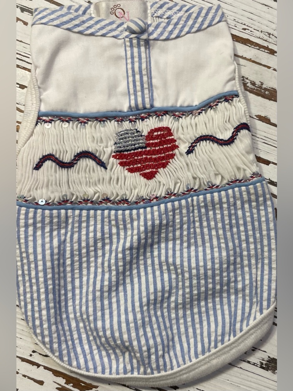 Striped Seersucker sleeveless pet shirt with Patriotic Heart
XS